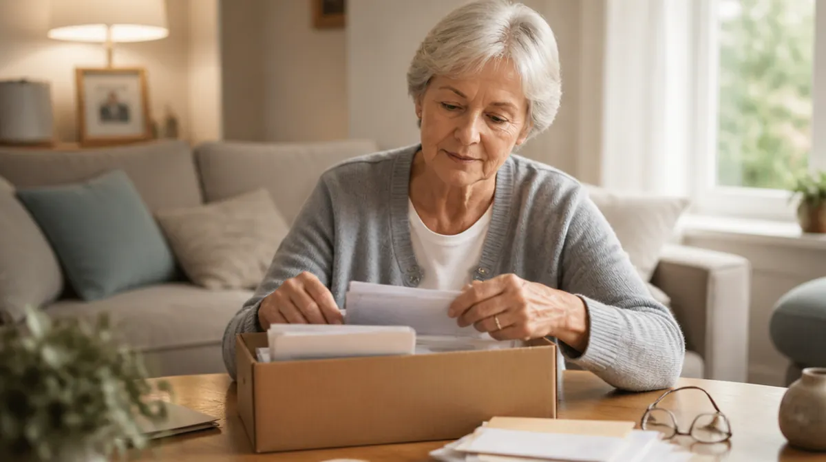 Une veuve trie les papiers de son mari dans une boîte en carton avant de demander sa pension de réversion