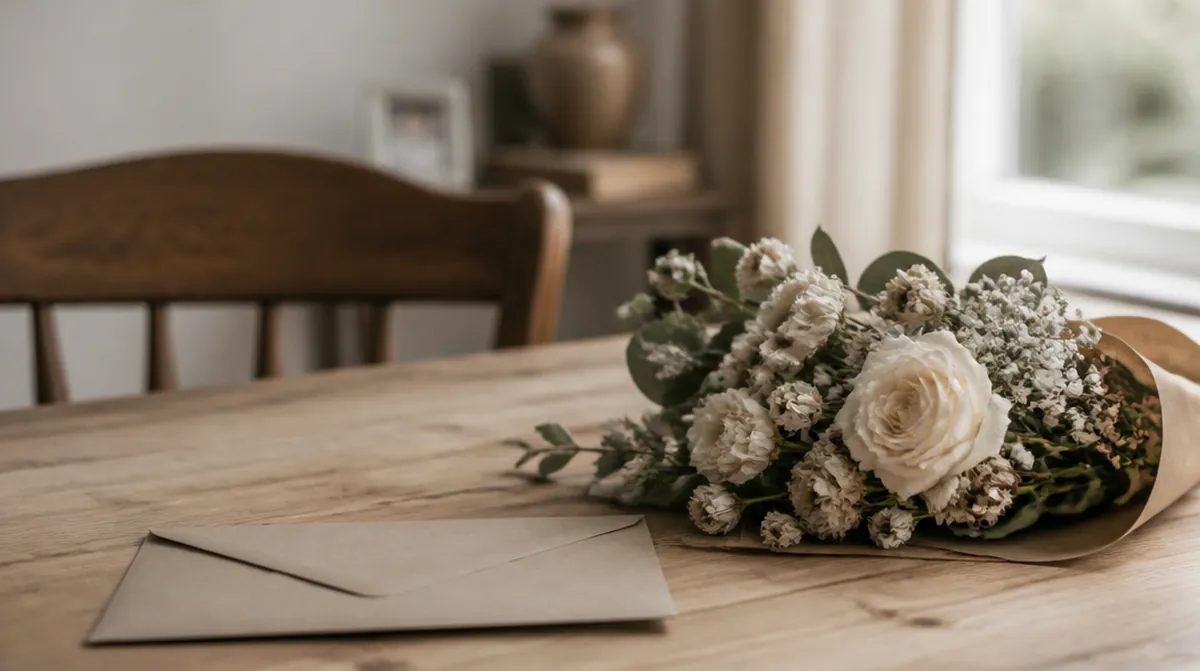 Un bouquet de fleurs blanches fanées à côté d'une enveloppe administrative fermée