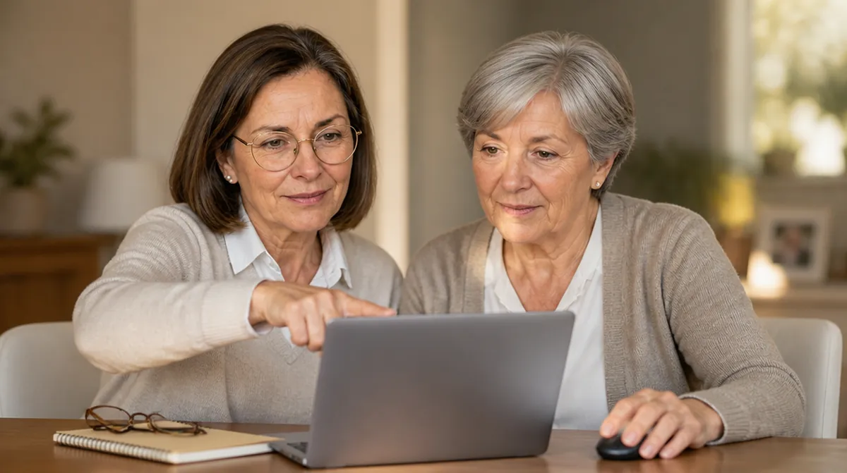 Valérie montre à une femme de 69 ans où cliquer pour faire sa demande de pension de réversion en ligne