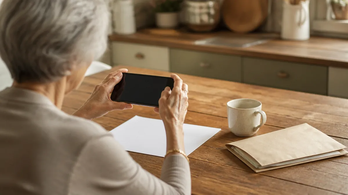 Une femme de 70 ans photographie un justificatif avec son téléphone sur la table de la cuisine