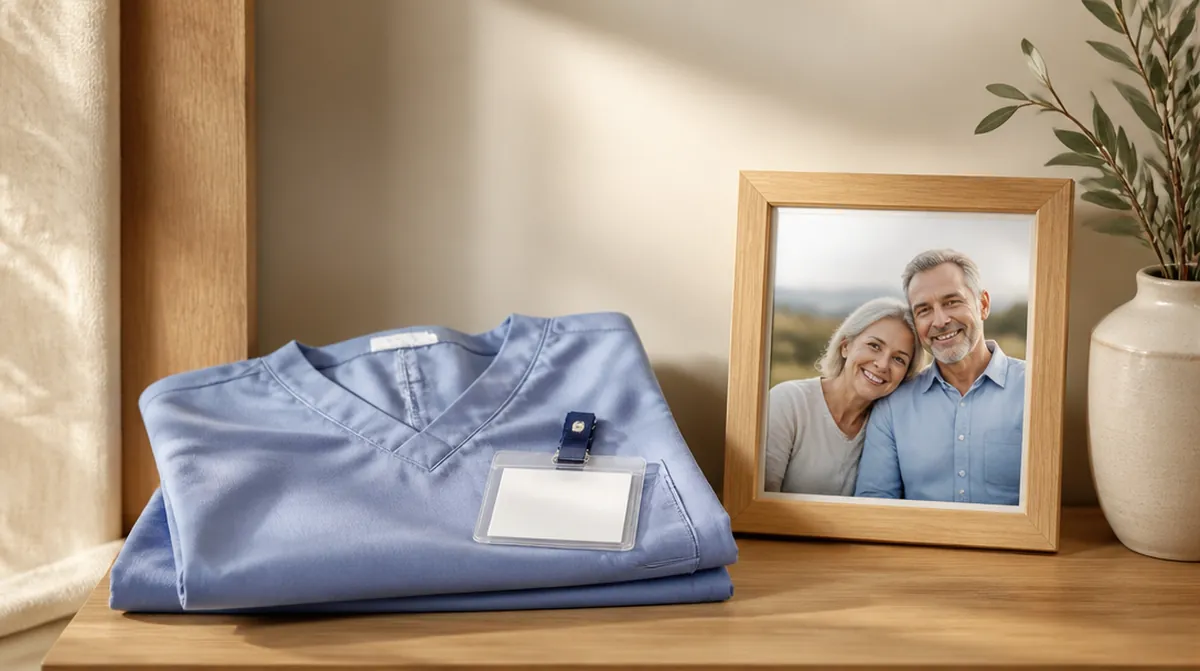 Une blouse d'infirmière pliée posée à côté d'une photo de couple, souvenir d'une carrière hospitalière