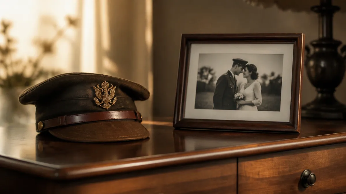 Une casquette militaire posée sur une commode près d'une photo de mariage en noir et blanc