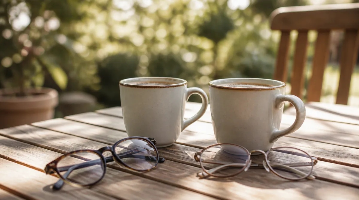 Deux tasses de café et deux paires de lunettes côte à côte sur une table de jardin