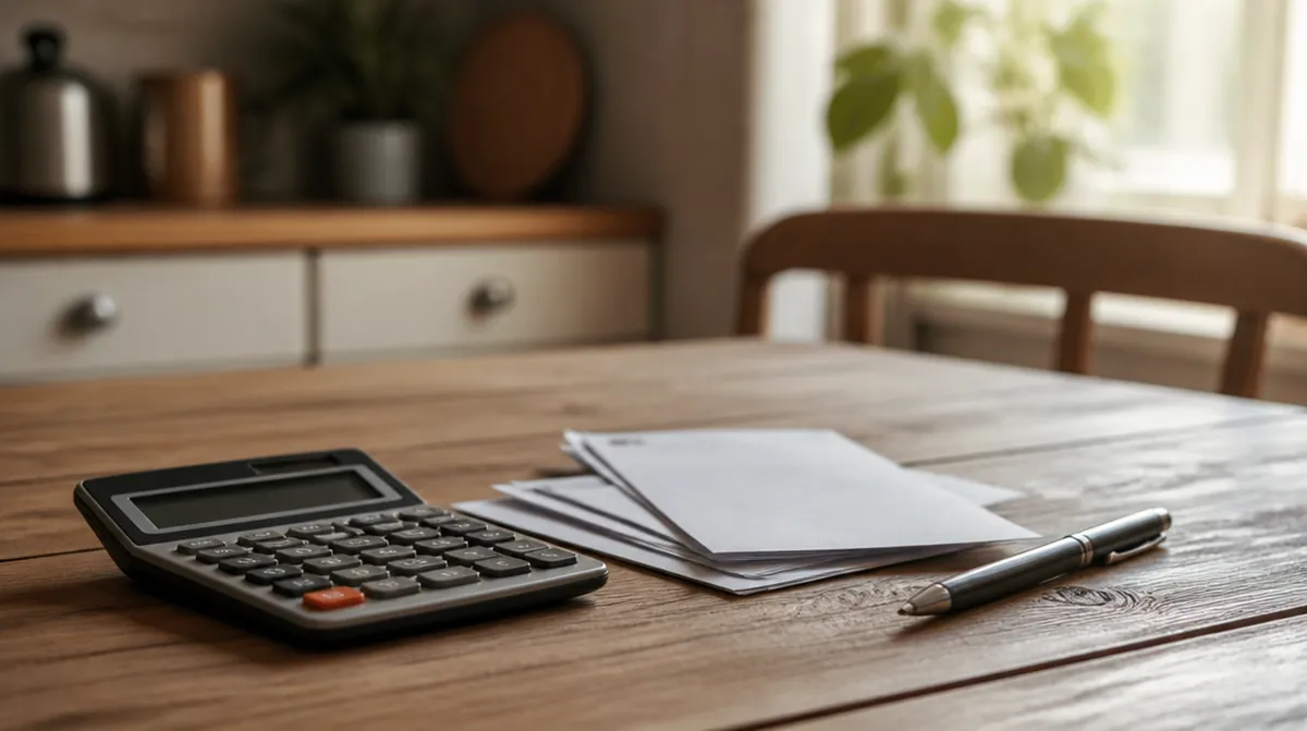 Calculatrice et relevés bancaires retournés sur une table de cuisine, pour faire le compte de ses ressources