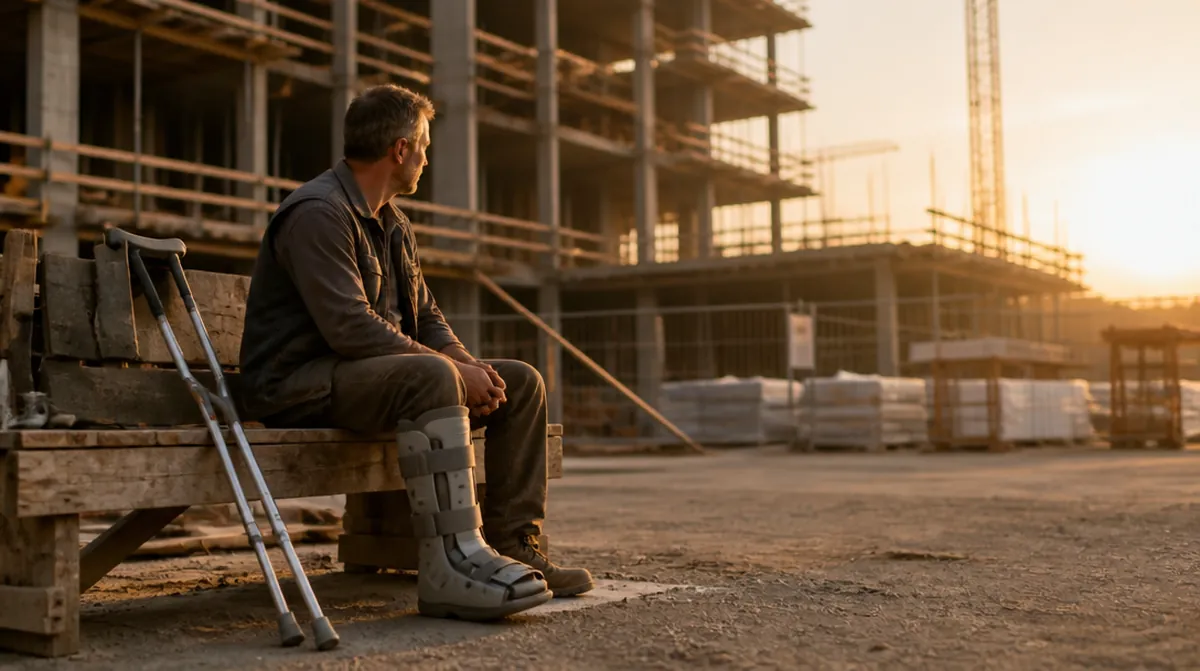 Un ouvrier de 57 ans en arrêt après un accident du travail, assis devant un chantier, à quelques années de la retraite