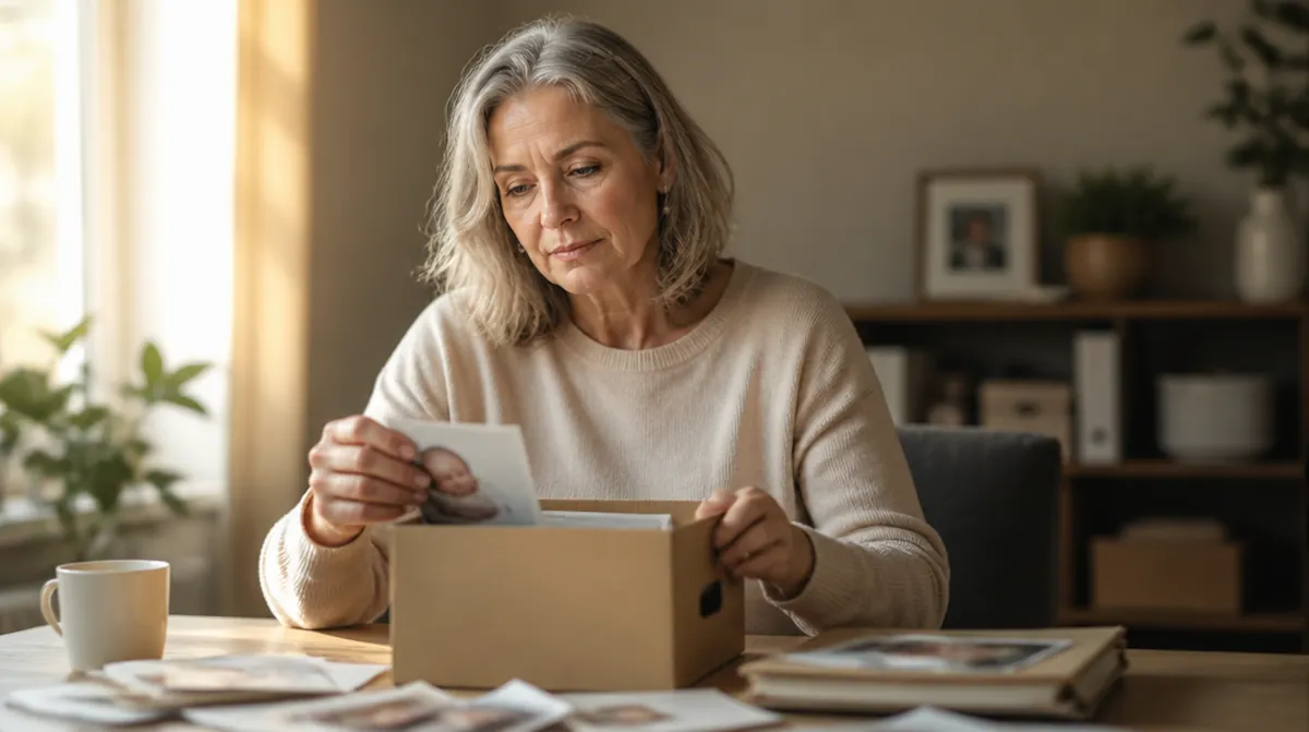 Une femme de 60 ans range dans une boîte des photos de naissance et d'anciennes attestations de la Sécurité sociale