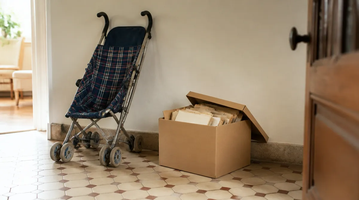 Une poussette ancienne et un carton d'archives familiales, souvenirs d'un congé parental à faire compter pour la retraite