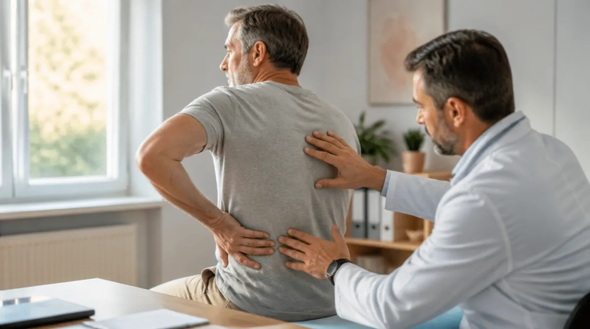 Un médecin du travail examine le dos d'un salarié de 58 ans pour évaluer son inaptitude