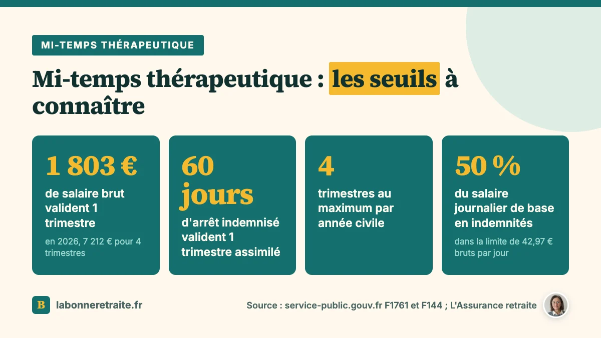 Mi-temps thérapeutique et retraite : seuils de salaire, jours d'arrêt et indemnités qui comptent pour les trimestres