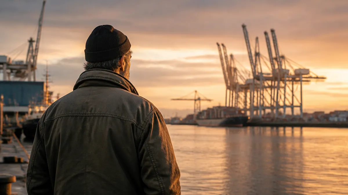 Un ancien docker de 60 ans, vu de dos, regarde les grues d'un port