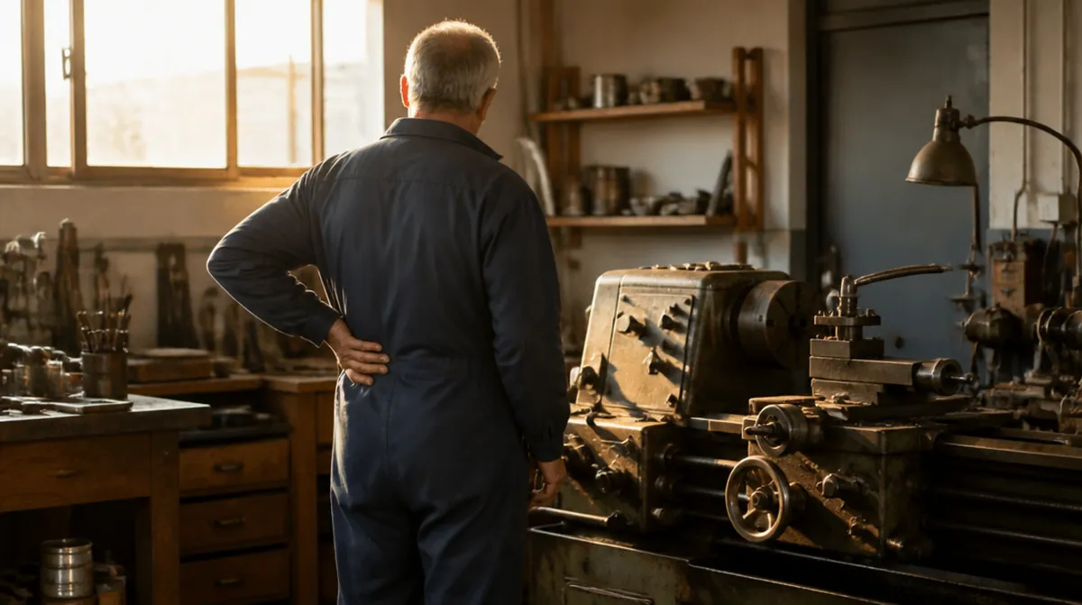 Un ouvrier d'environ 60 ans, le dos douloureux, à côté d'une machine d'atelier arrêtée