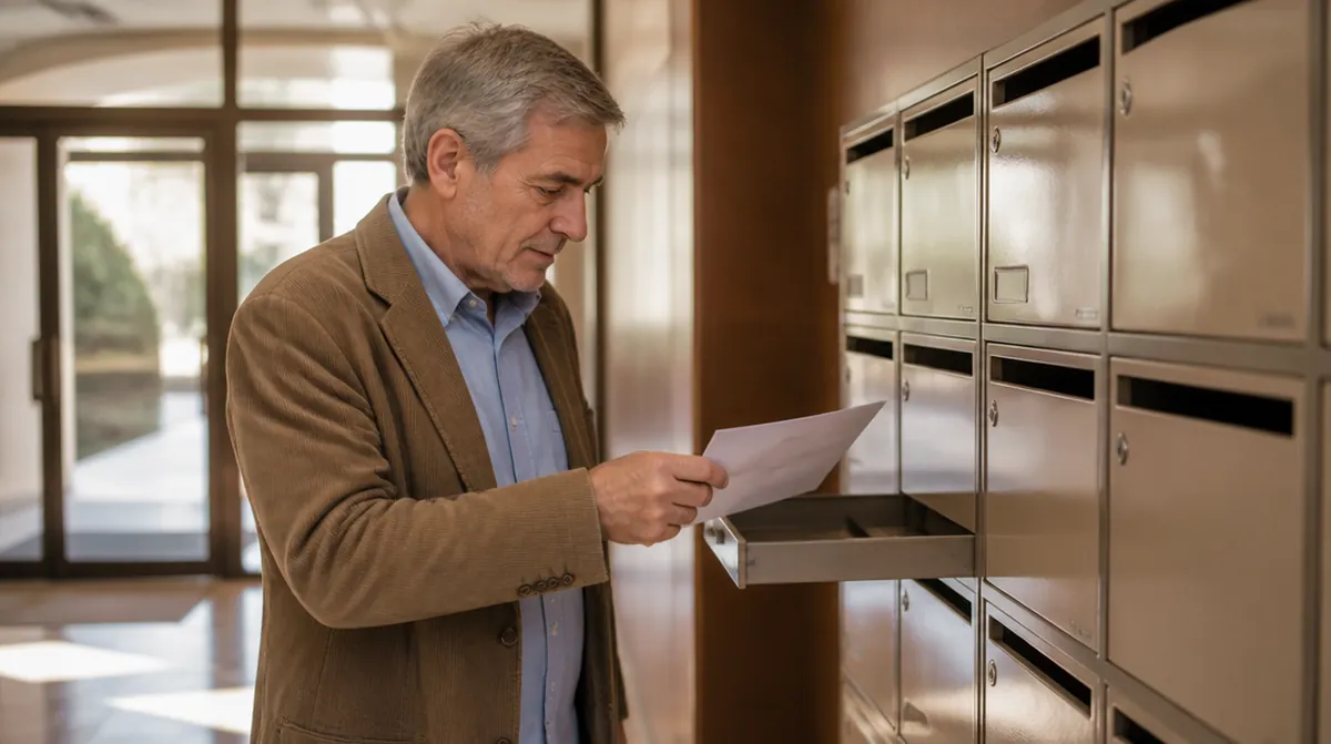 Un homme de soixante ans retire une enveloppe administrative de sa boîte aux lettres