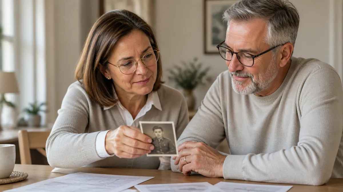 Valérie regarde avec un homme de 62 ans une photo de son service militaire, à côté de son relevé de carrière