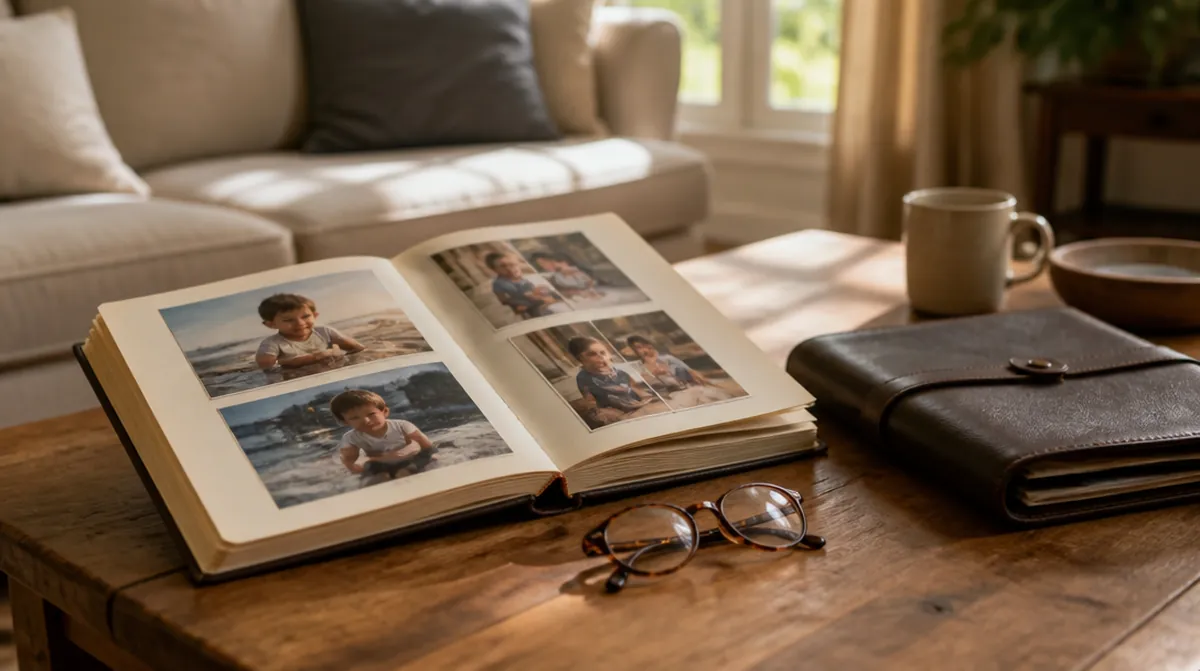 Un album photo de famille ouvert à côté de lunettes et d'une pochette de documents, souvenirs d'enfants qui comptent pour la retraite