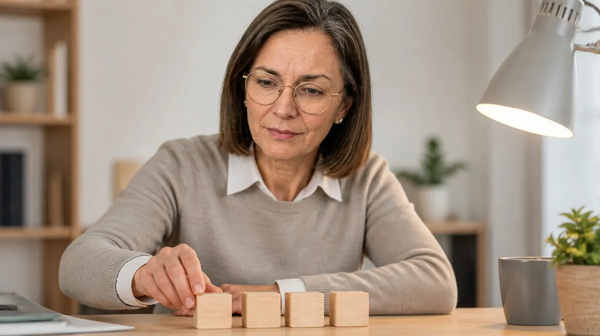 Valérie aligne quatre cubes en bois pour expliquer comment se comptent les trimestres retraite