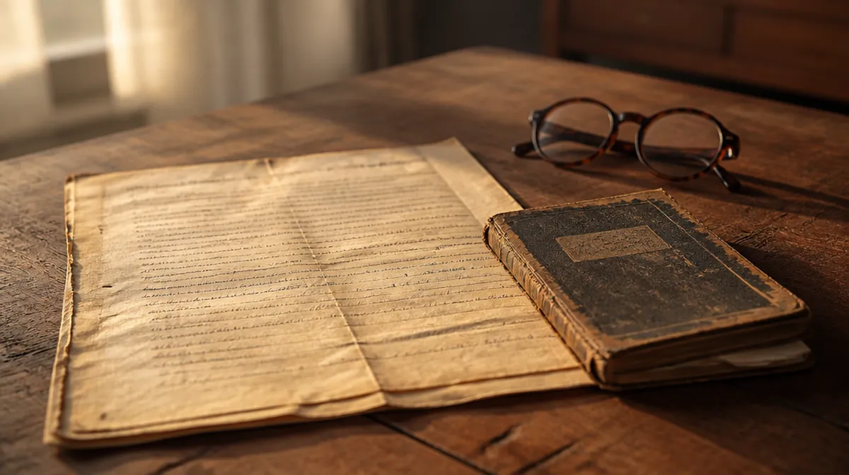 Un ancien contrat d'apprentissage jauni et un carnet d'apprenti posés sur une table en bois