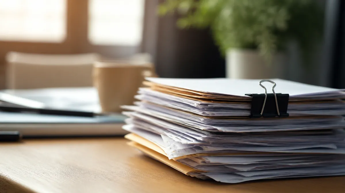 Une pile de vieux contrats de mission et de bulletins de paie d'intérim, retenus par une pince, sur un bureau