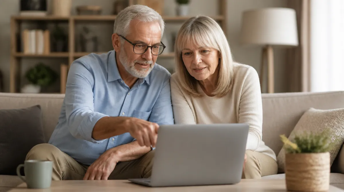 Un couple de 60 ans vérifie ensemble ses trimestres de retraite sur un ordinateur portable