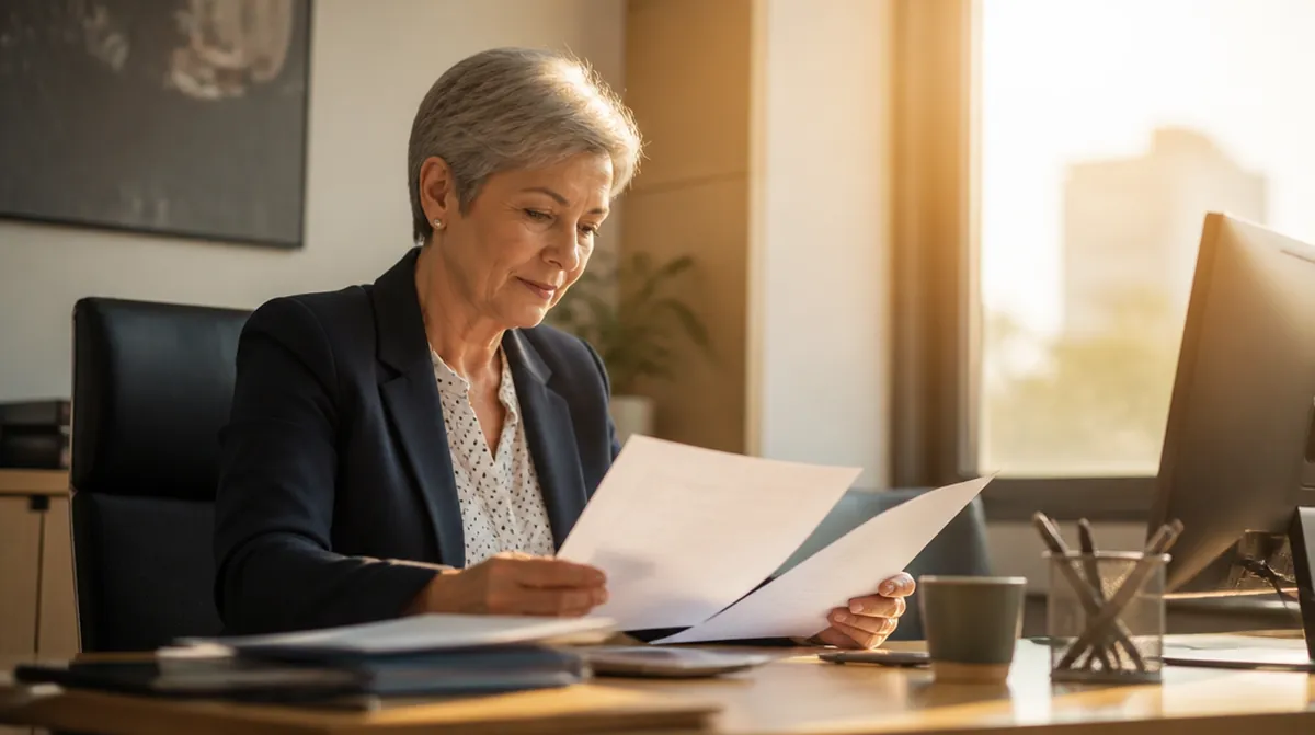 Une salariée d'une soixantaine d'années étudie ses documents de retraite complémentaire à son bureau