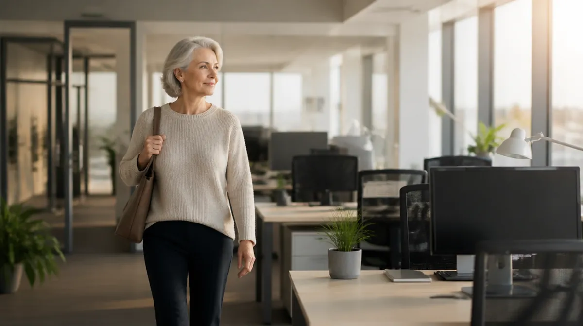 Une salariée de 60 ans à temps partiel quitte son bureau en début d'après-midi