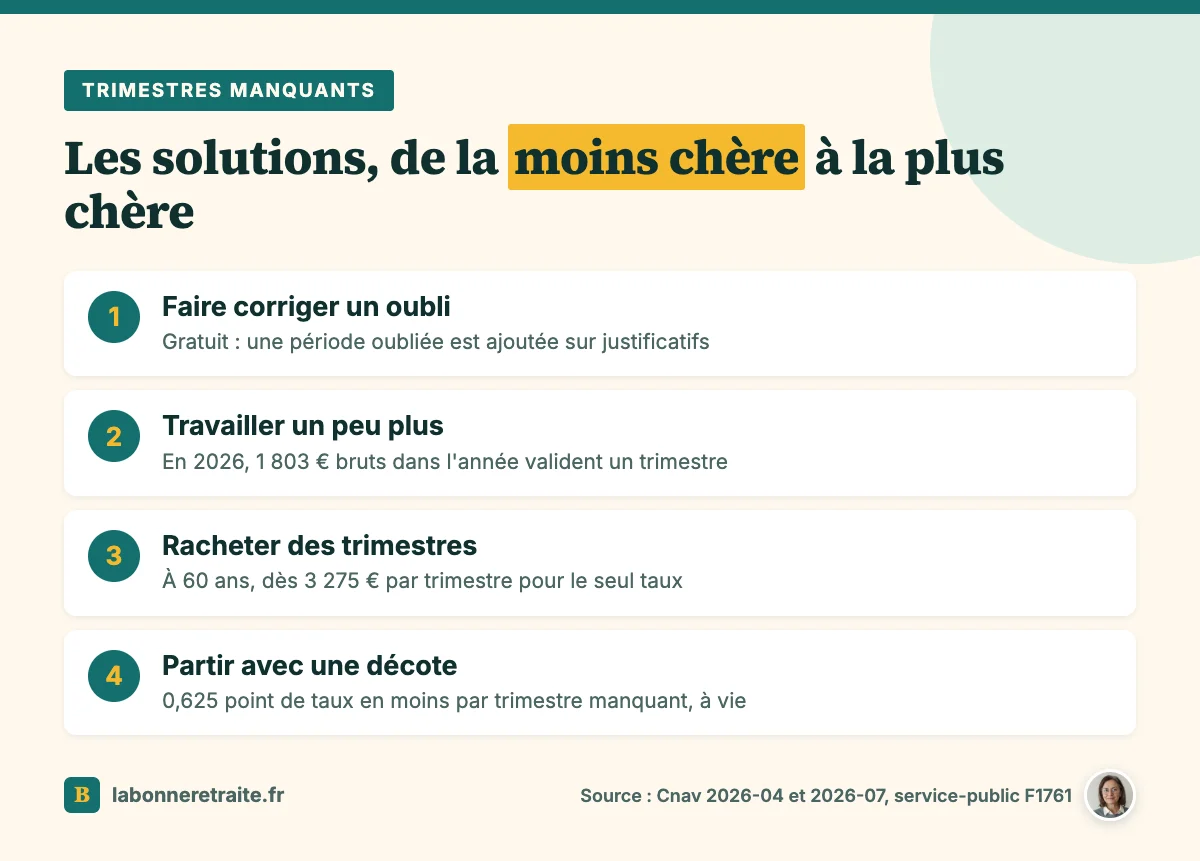 Les solutions quand il manque des trimestres pour la retraite, de la régularisation gratuite au départ avec décote