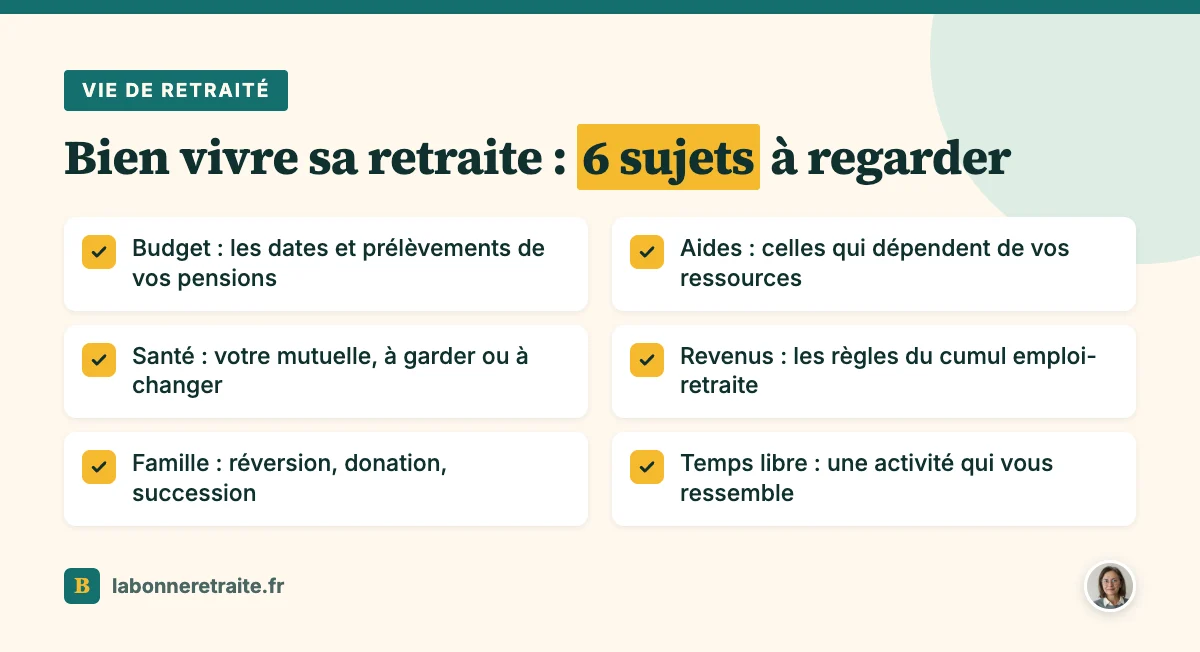 Les six sujets à regarder pour bien vivre sa retraite : budget, aides, santé, revenus, famille et temps libre