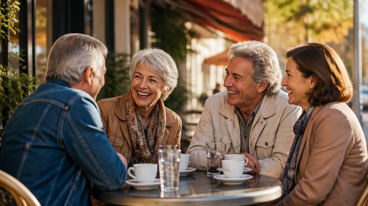 Quatre retraités de 60 à 70 ans partagent un café en terrasse, la vie sociale à la retraite