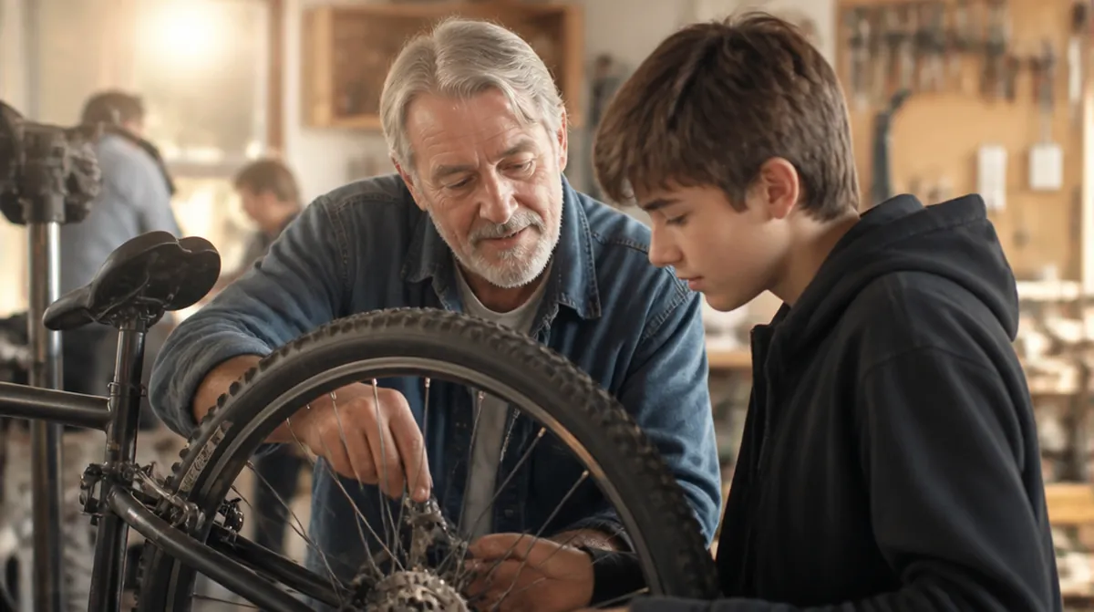 Un retraité de 68 ans aide un adolescent à réparer un vélo dans un atelier associatif