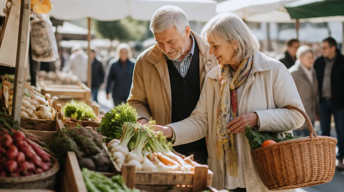 Un couple de retraités d'environ 65 ans fait ses courses au marché avec un panier