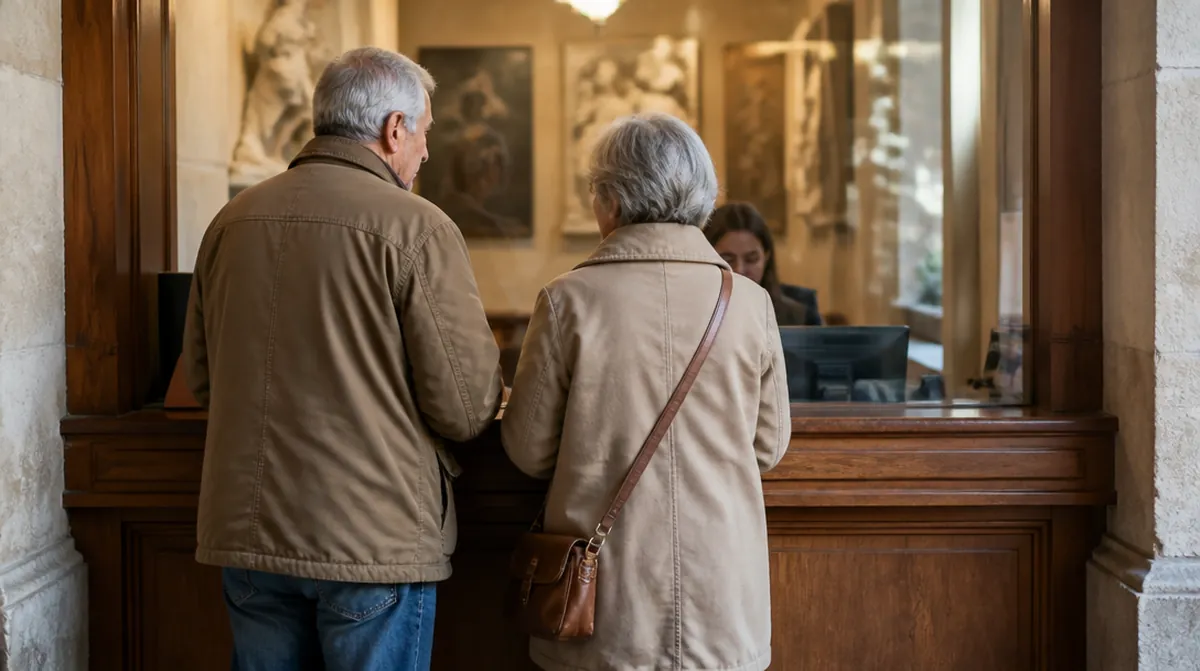Un couple de retraités de dos au guichet d'un musée, au moment de demander le tarif