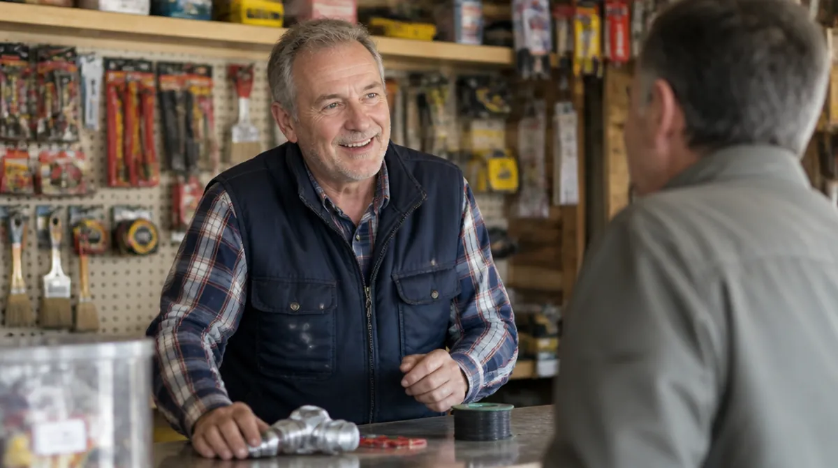 Un retraité de 64 ans en tenue de travail accueille un client au comptoir d'une quincaillerie de quartier