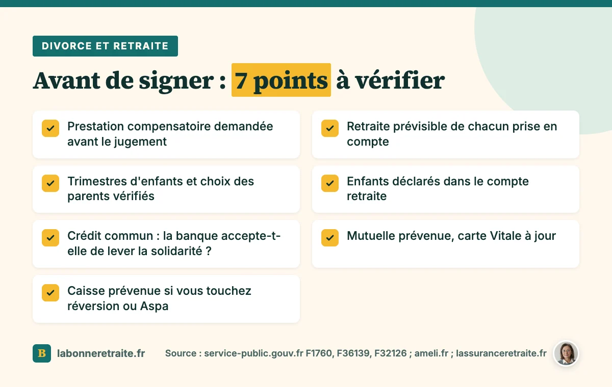 Divorce et retraite : sept points à vérifier avant de signer, dont la prestation compensatoire et les trimestres d'enfants