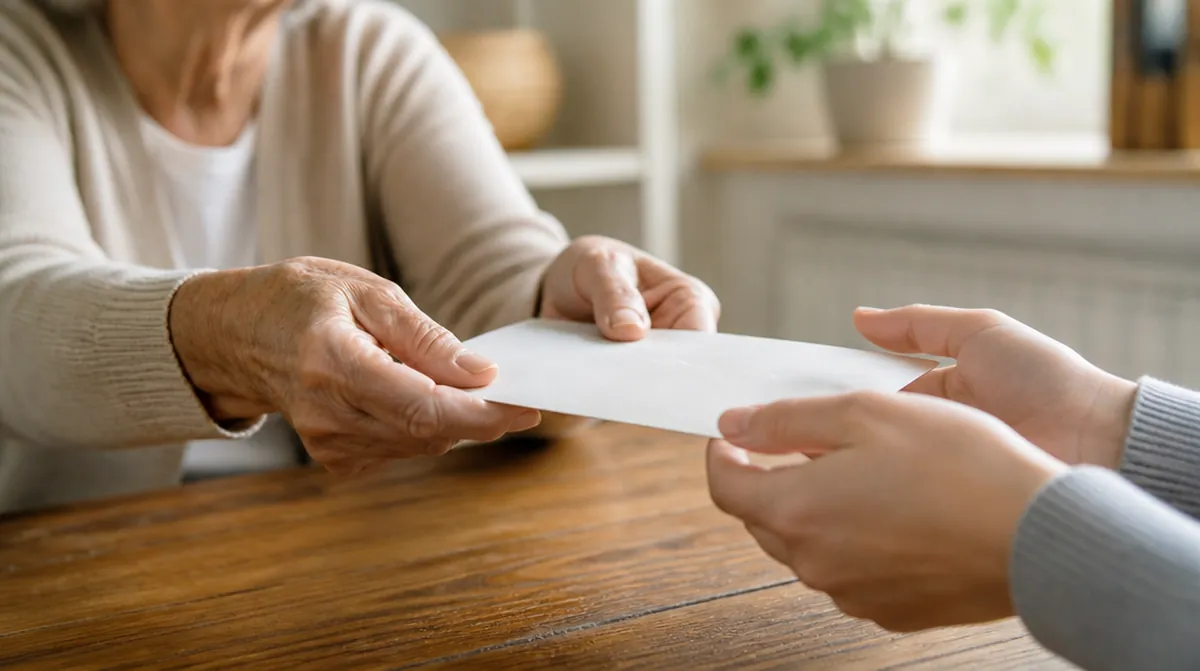 Les mains d'une femme âgée tendent une enveloppe à des mains plus jeunes