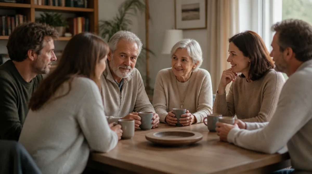 Trois enfants adultes et leurs parents retraités discutent d'une donation autour d'une table familiale