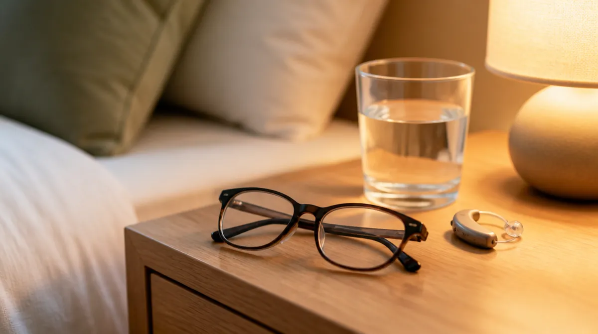 Des lunettes et un appareil auditif sur une table de chevet, deux dépenses à anticiper avec une mutuelle à la retraite