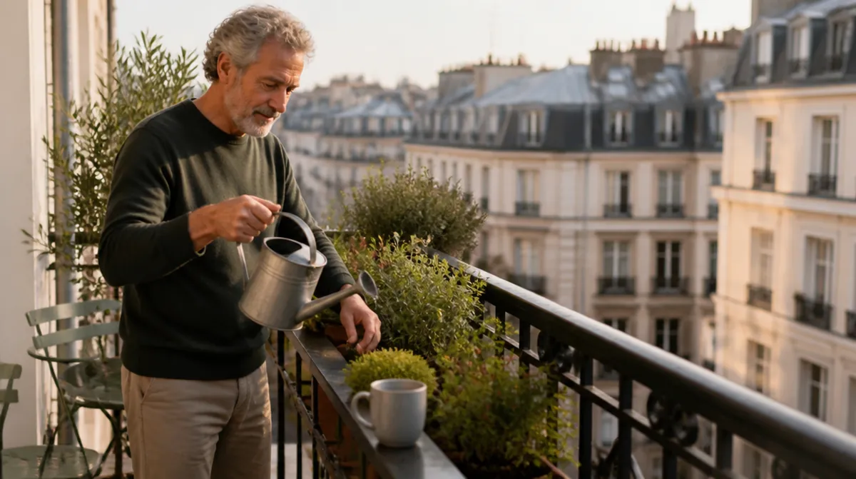 Un jeune retraité de 63 ans arrose les plantes de son balcon un matin de semaine