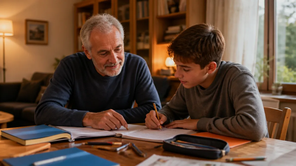 Un retraité d'environ 66 ans aide un collégien à faire ses devoirs, un petit boulot de soutien scolaire