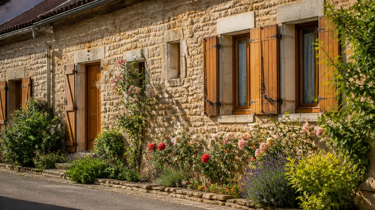 Façade d'une maison de village avec son jardin, vue depuis la rue